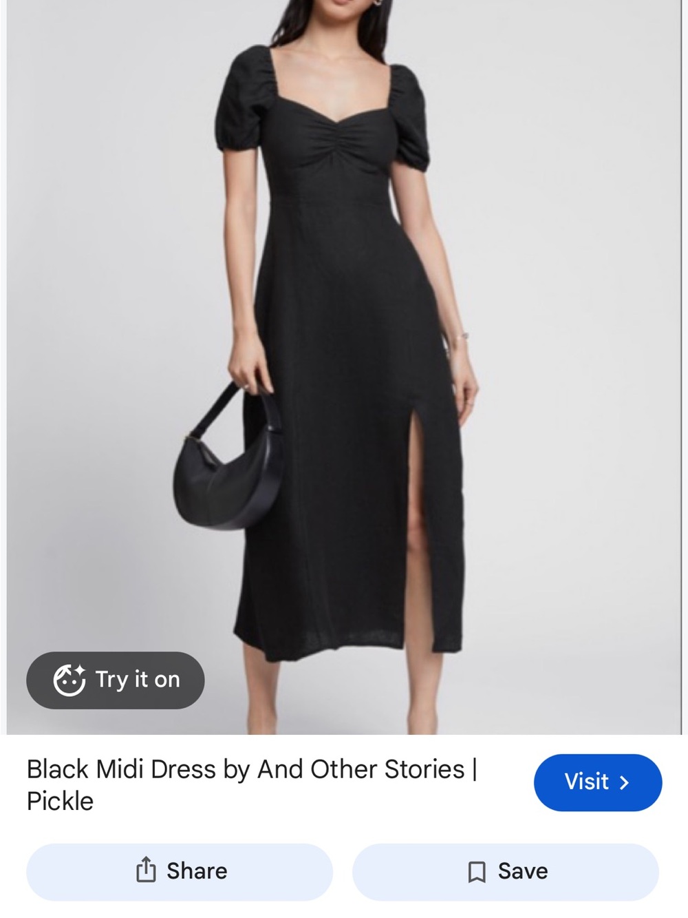 Elegant Black Midi Dress with Puff Sleeves and Side Slit